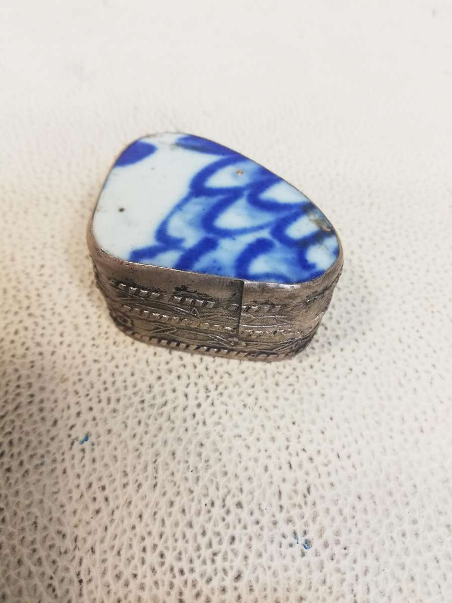 Vintage Blue & White Porcelain & Silverplate Pill Box
