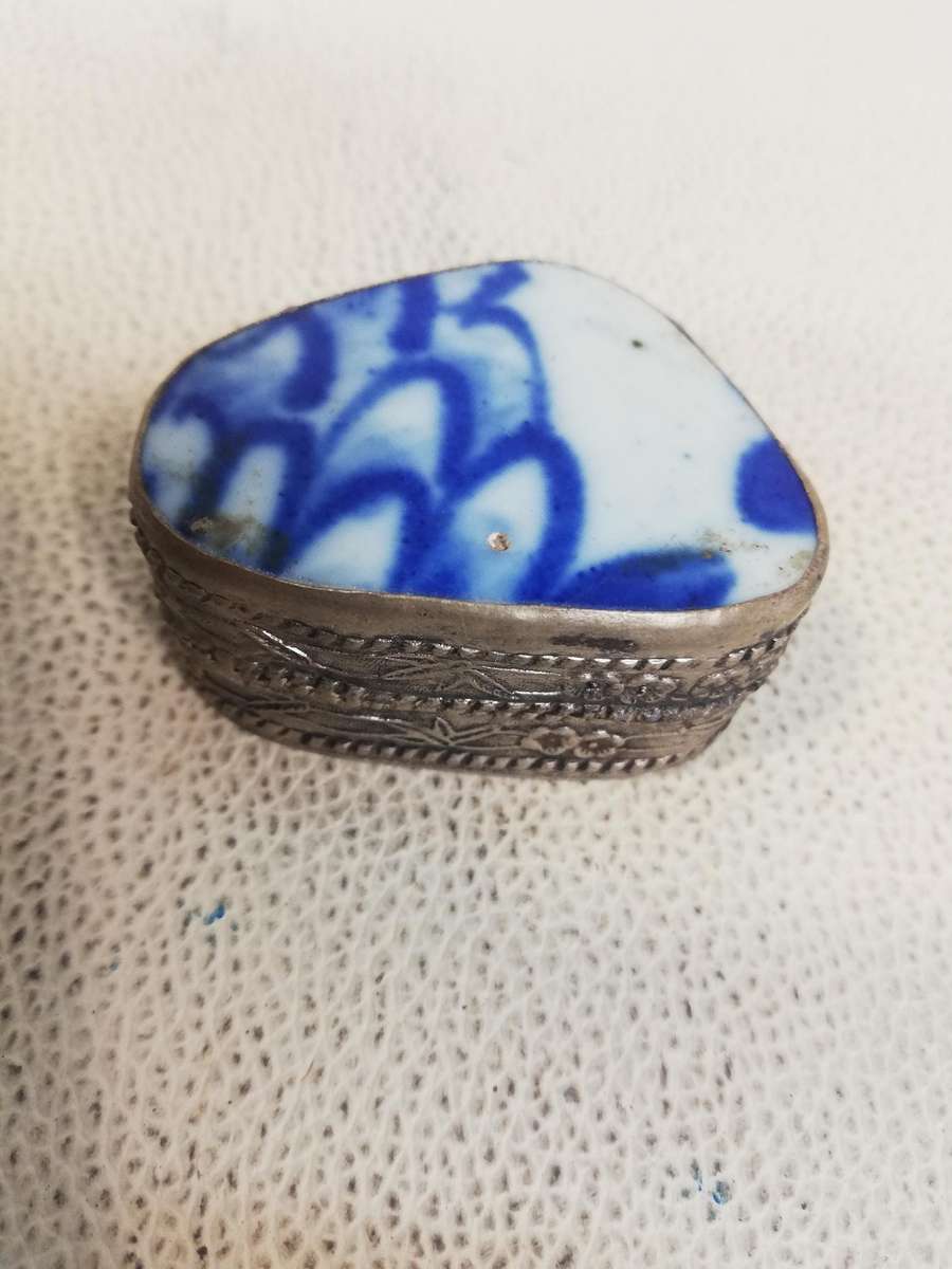 Vintage Blue & White Porcelain & Silverplate Pill Box