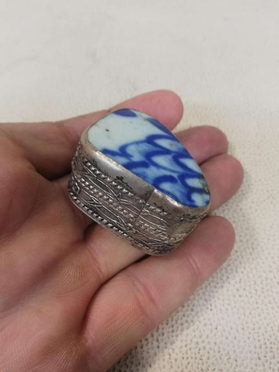 Vintage Blue & White Porcelain & Silverplate Pill Box