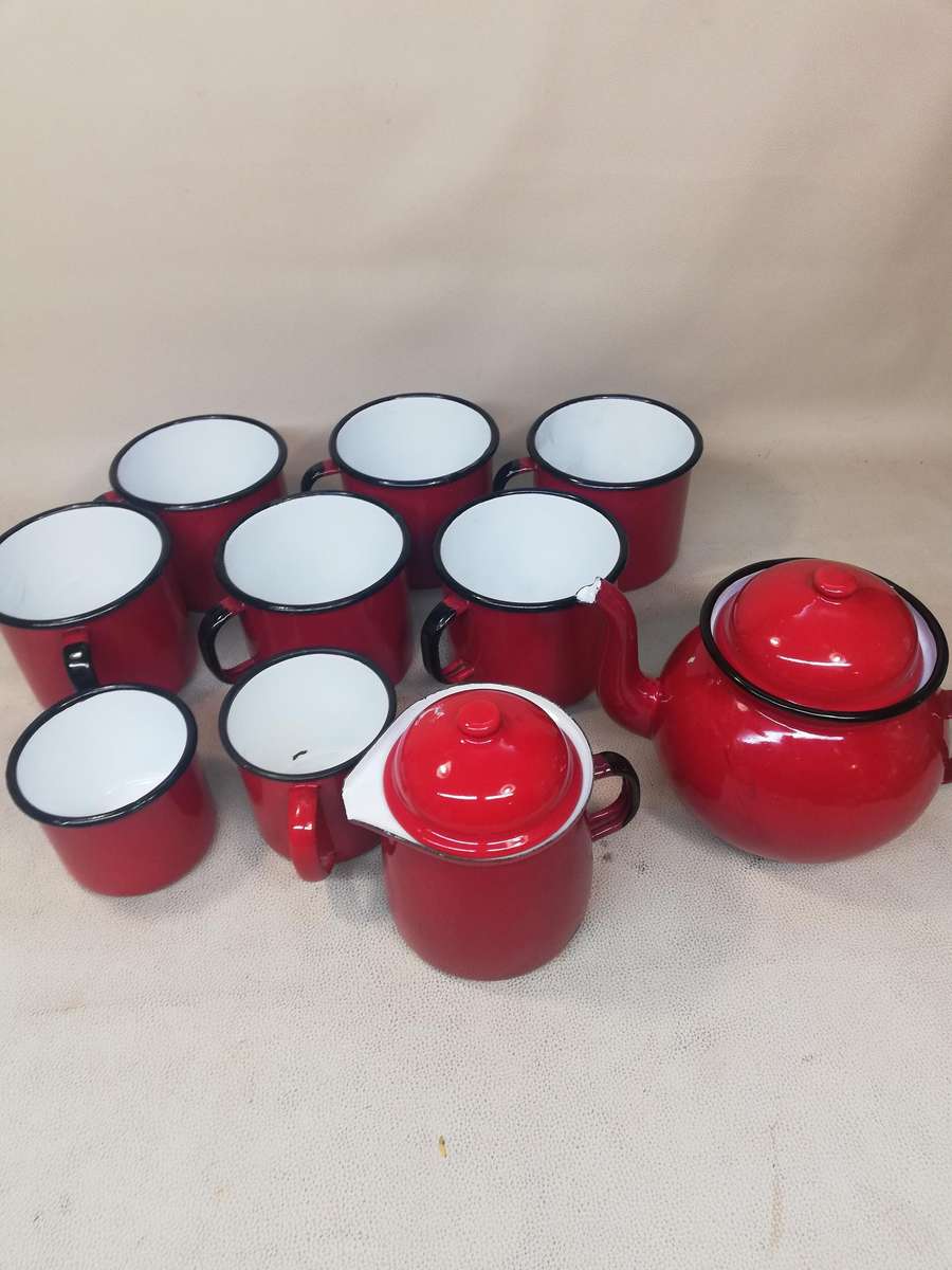 12 pce Red Enamel Tea Set