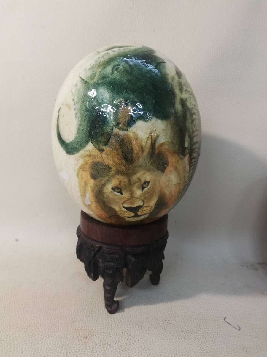 African Theme Art Big Five Ostrich Egg with Hand Carved Stand