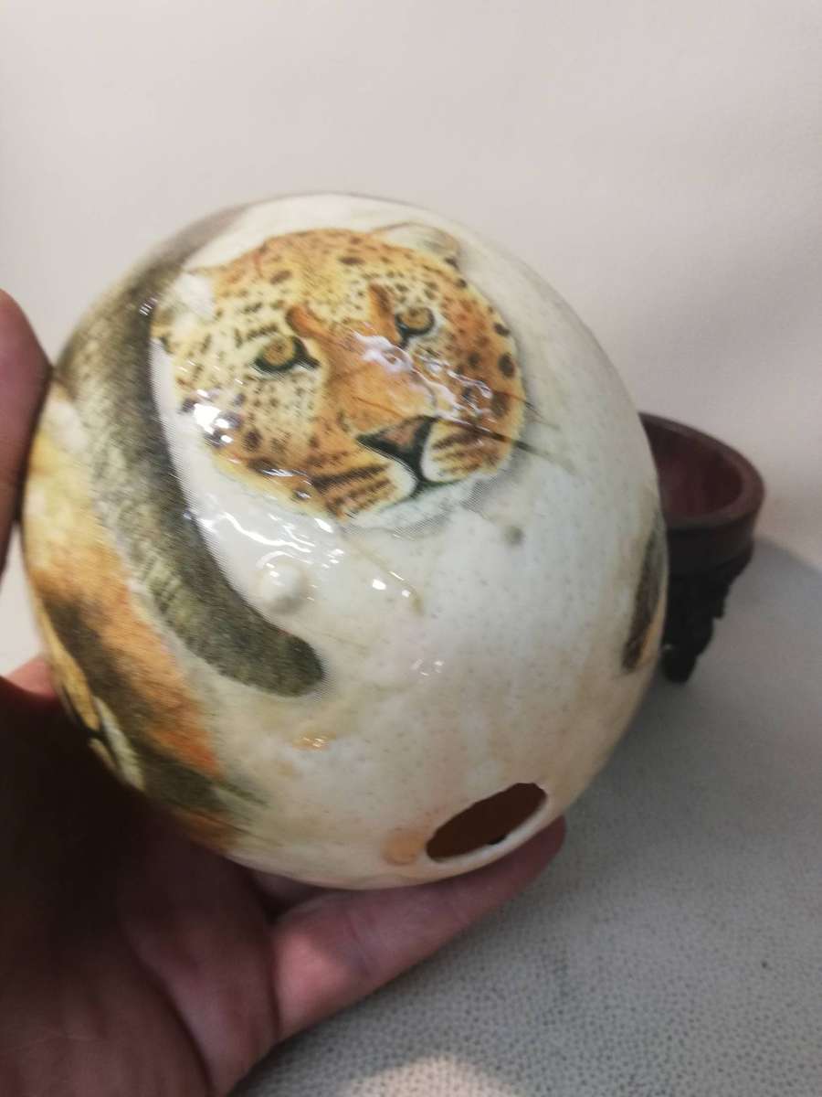 African Theme Art Big Five Ostrich Egg with Hand Carved Stand