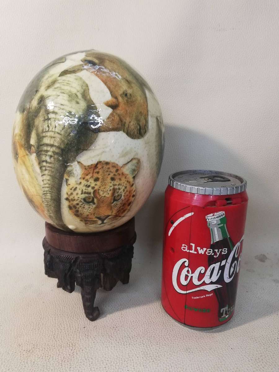 African Theme Art Big Five Ostrich Egg with Hand Carved Stand