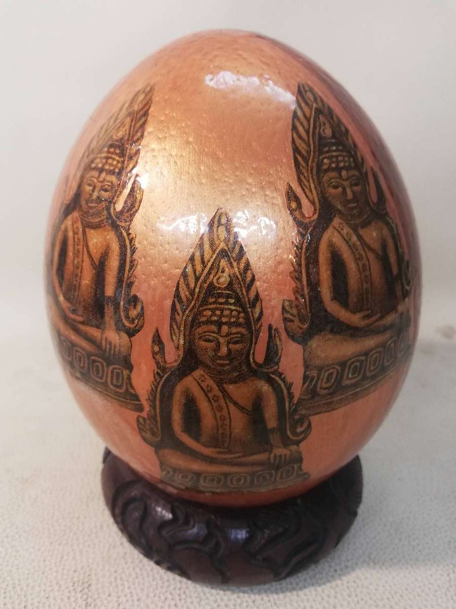 Buddha Theme Art Ostrich Egg with Hand Carved Stand