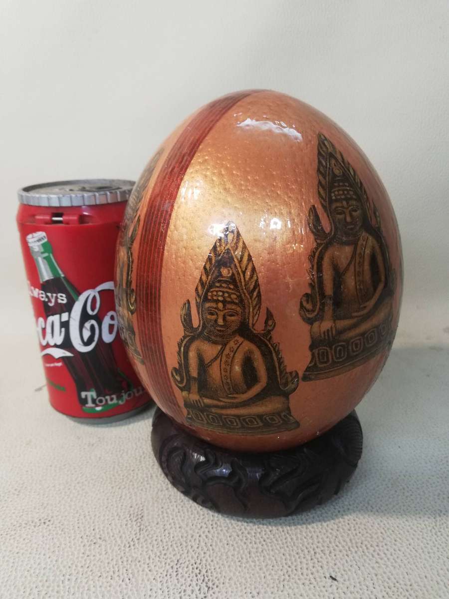 Buddha Theme Art Ostrich Egg with Hand Carved Stand