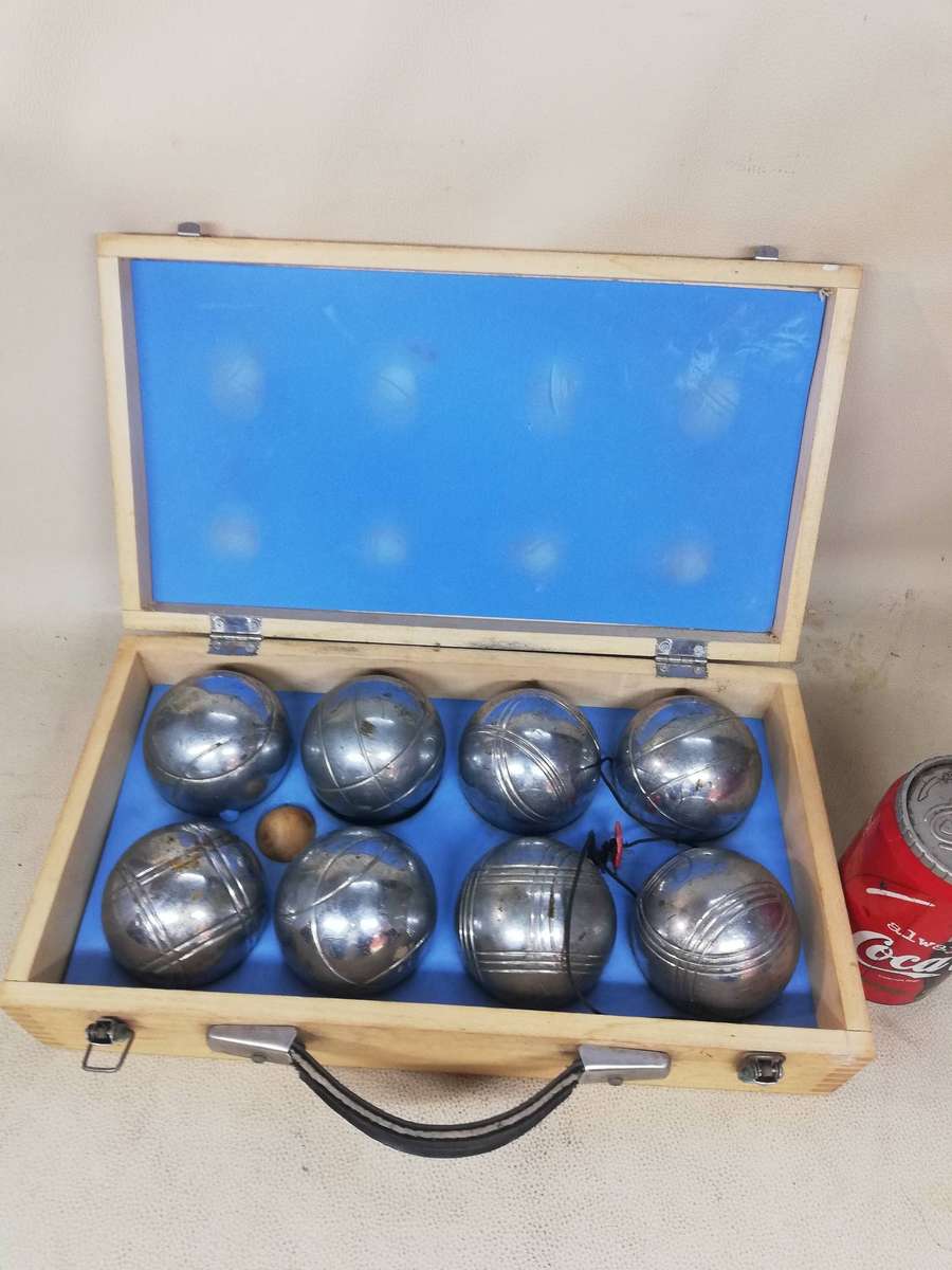 Vintage Chrome LoGiX Petanque Boules Bocce Balls Set w/ Wooden Case - Complete