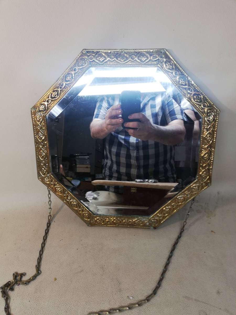 Octagonal Wall Mirror With Repousse Brass Frame on Wood Backing Vintage c1930s
