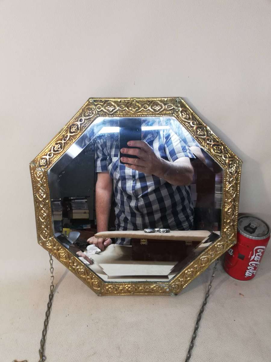Octagonal Wall Mirror With Repousse Brass Frame on Wood Backing Vintage c1930s