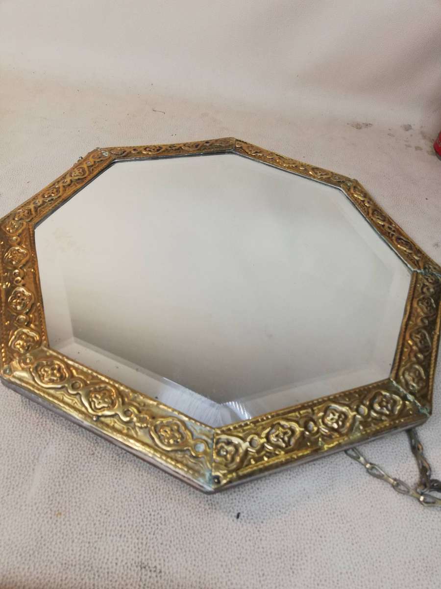 Octagonal Wall Mirror With Repousse Brass Frame on Wood Backing Vintage c1930s