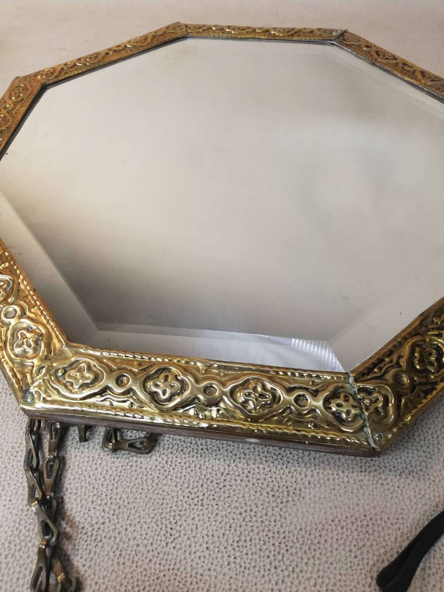 Octagonal Wall Mirror With Repousse Brass Frame on Wood Backing Vintage c1930s