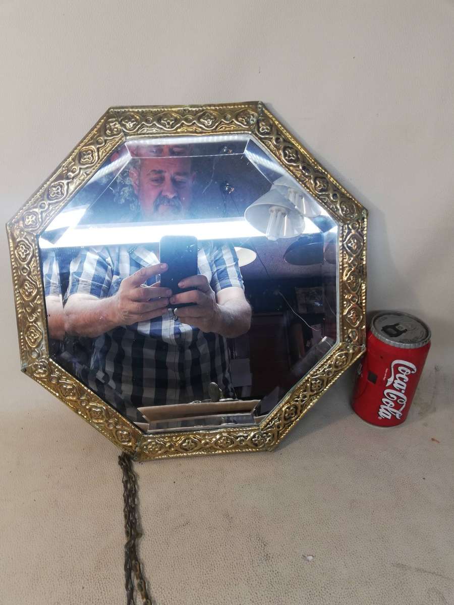 Octagonal Wall Mirror With Repousse Brass Frame on Wood Backing Vintage c1930s