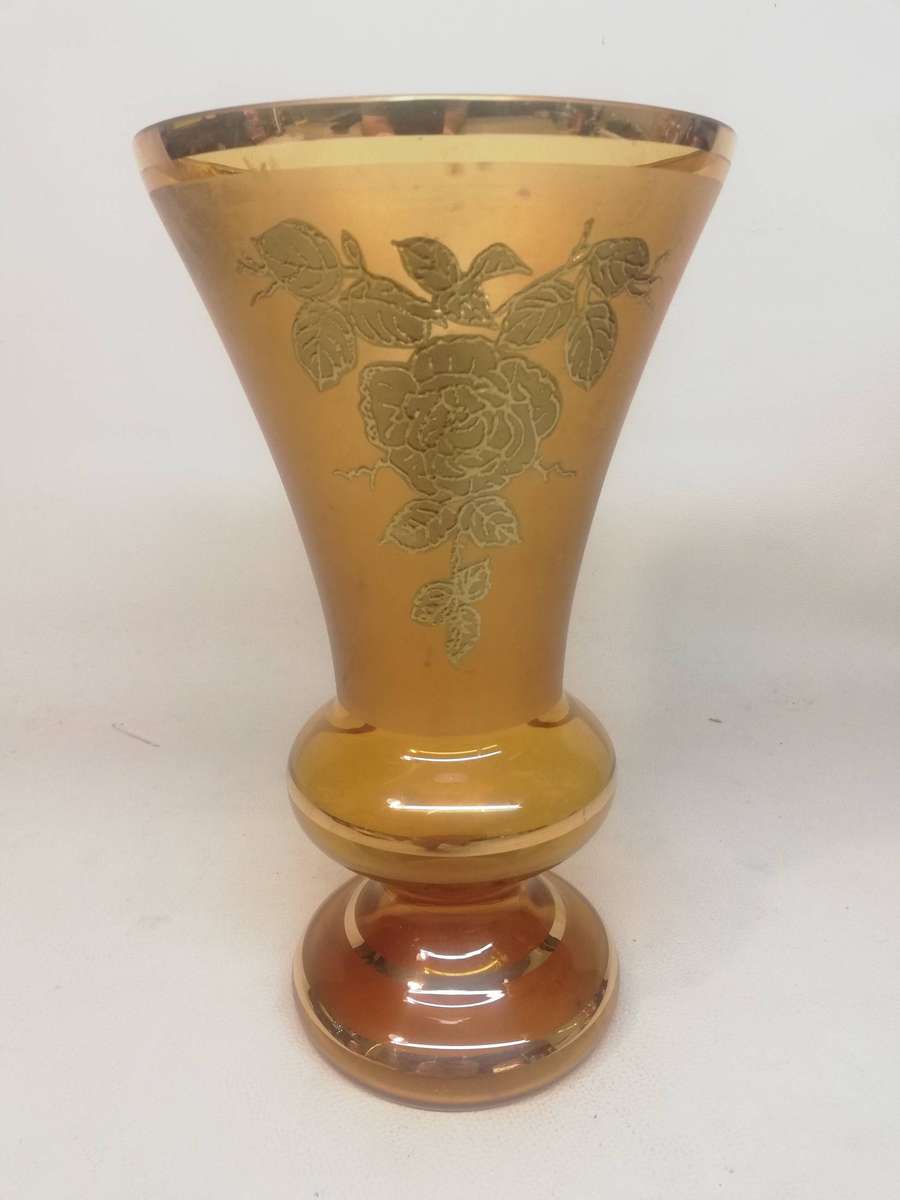 Vintage Amber Glass Bud Vase Hand Painted Gold Flowers and Trim