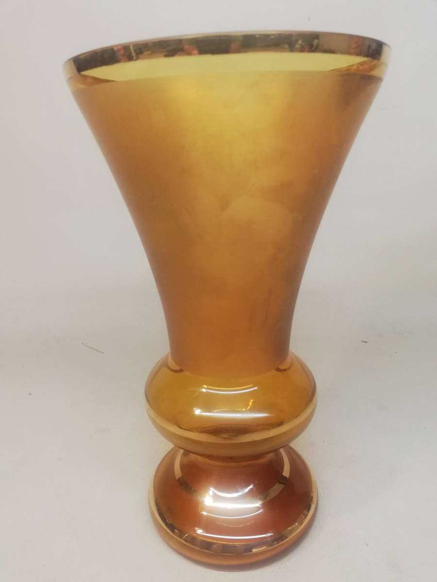 Vintage Amber Glass Bud Vase Hand Painted Gold Flowers and Trim