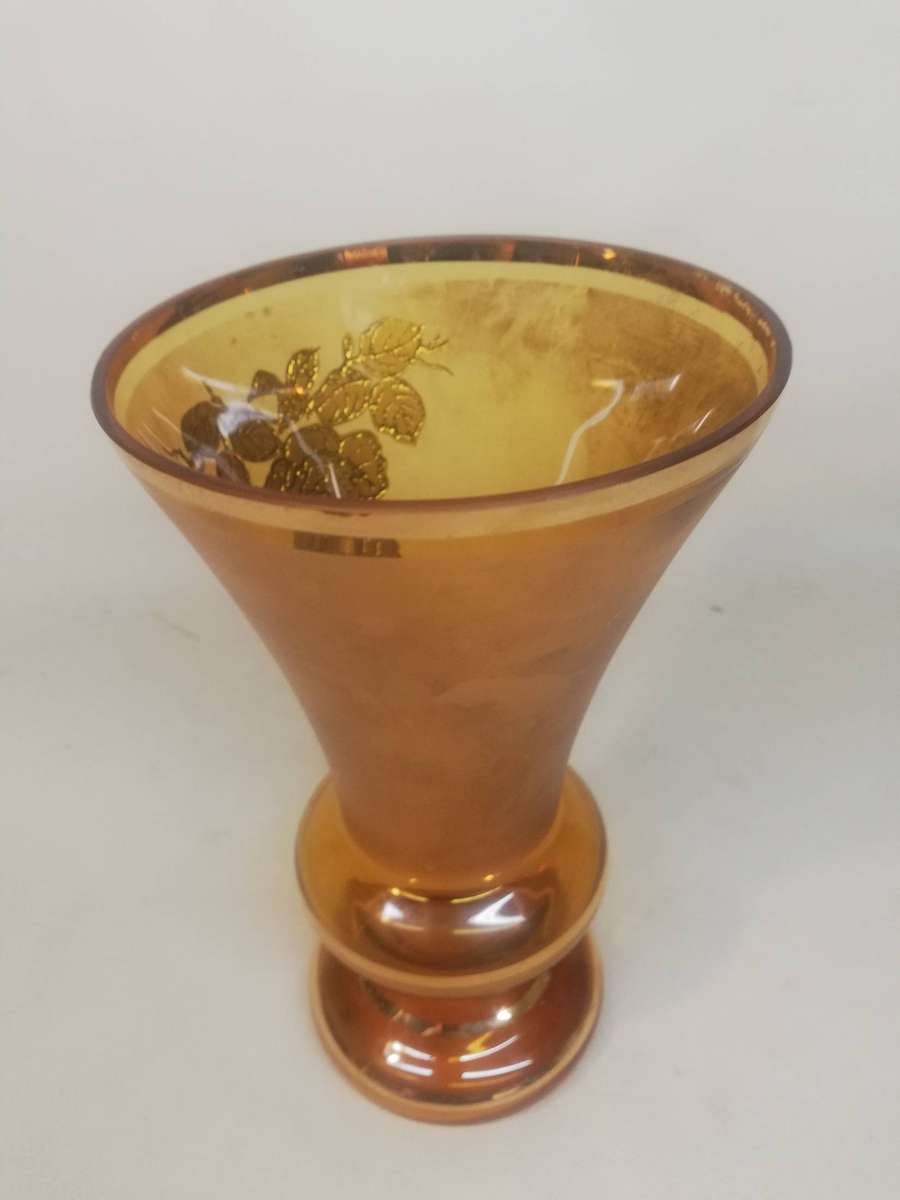 Vintage Amber Glass Bud Vase Hand Painted Gold Flowers and Trim