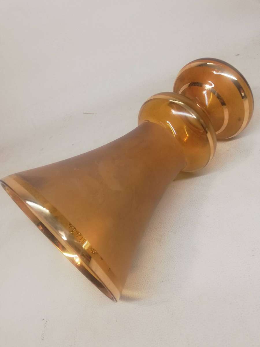 Vintage Amber Glass Bud Vase Hand Painted Gold Flowers and Trim