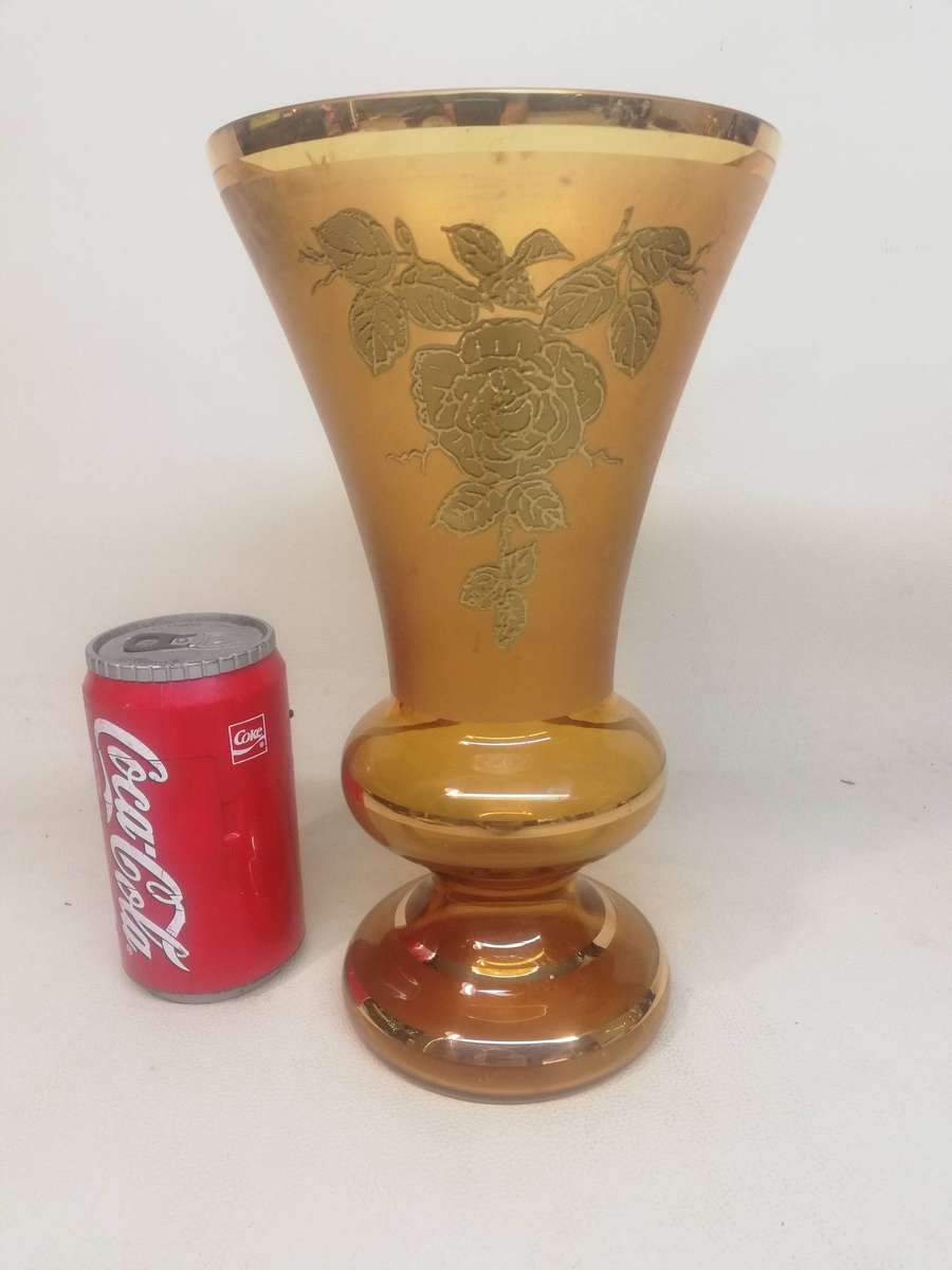 Vintage Amber Glass Bud Vase Hand Painted Gold Flowers and Trim