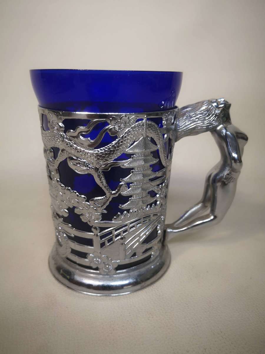 Vintage Cobalt Blue Glass Beer Tankard with Nude Lady Handle