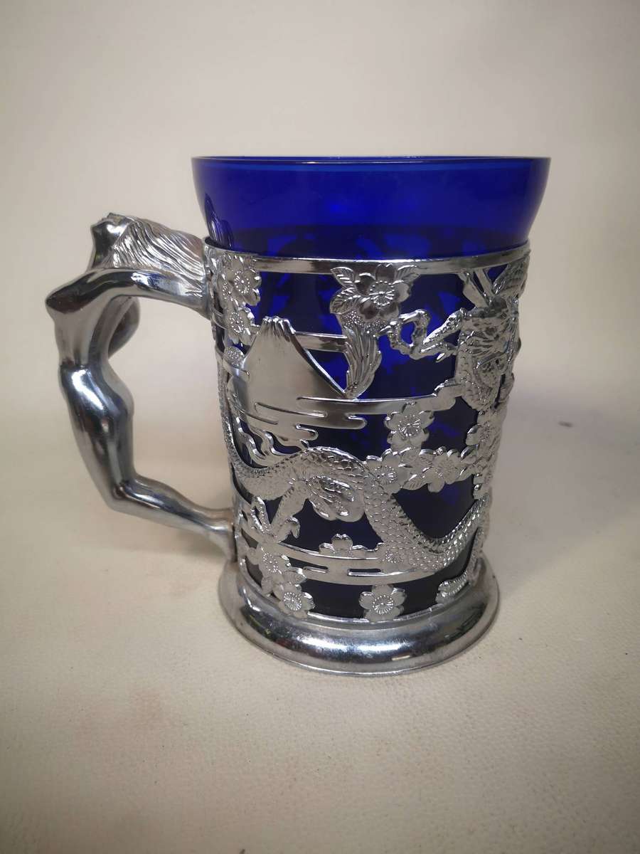 Vintage Cobalt Blue Glass Beer Tankard with Nude Lady Handle
