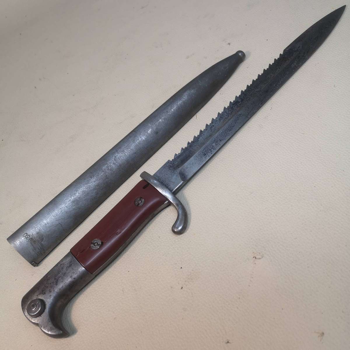 RARE - German KS98 Sawback Bayonet With Scabbard **Red Grips** Made by ERFURT**