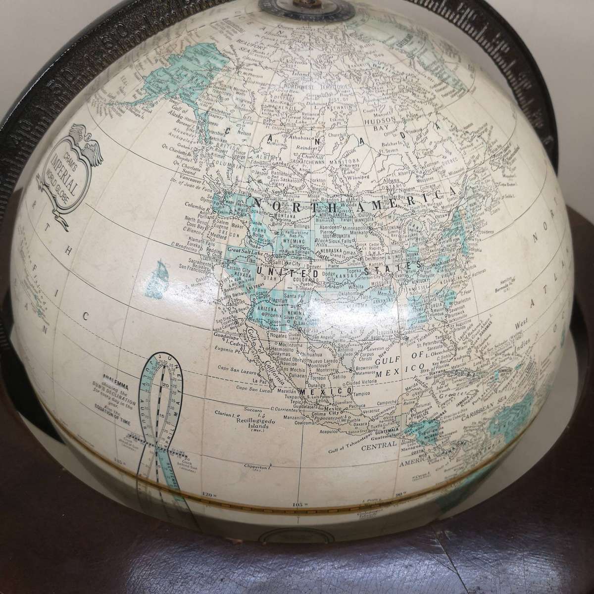 Very Large (430mm) Vintage Cram's Imperial Desktop World Globe Powell Wood Stand