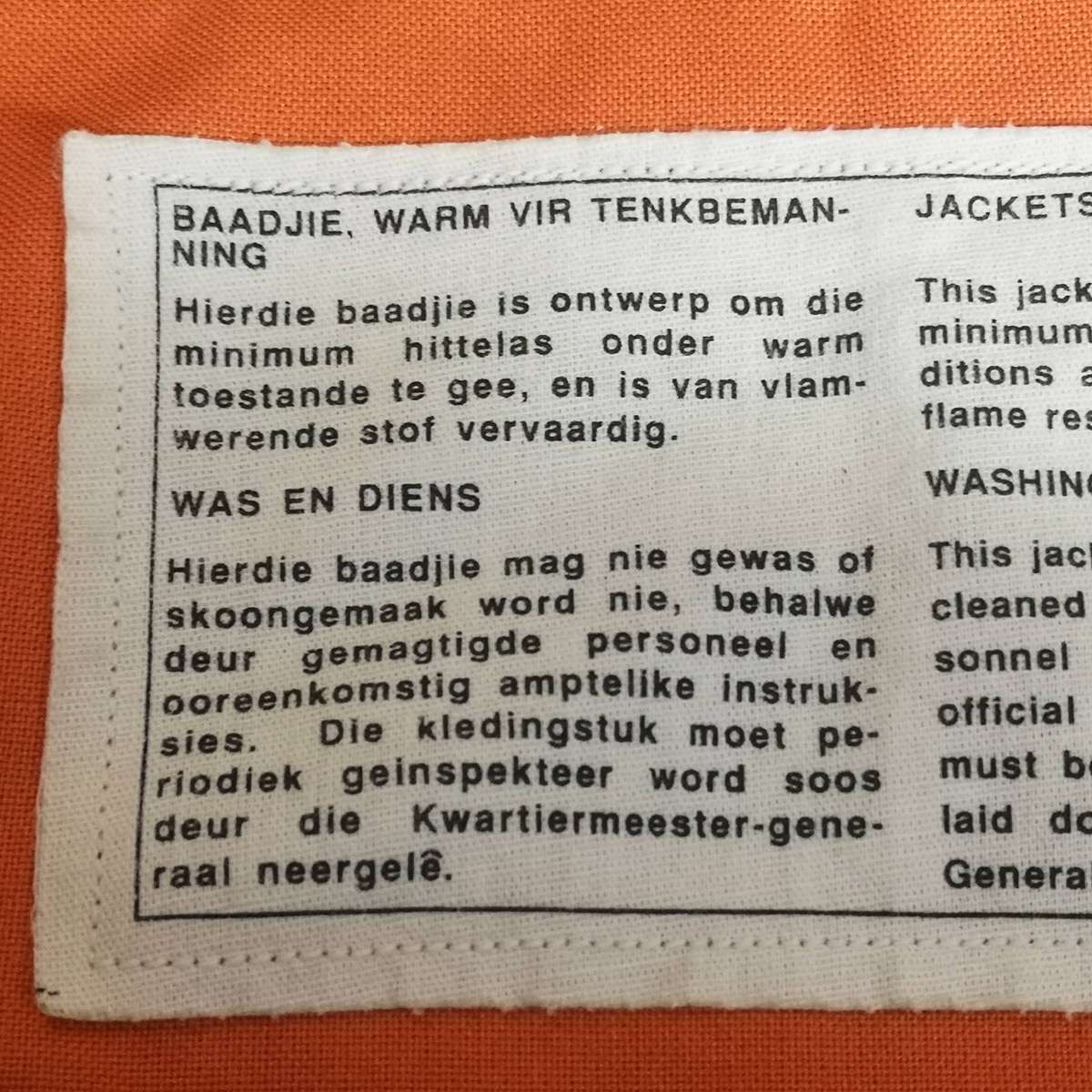 Rare Post WW2 South African SADF Tank Crew Warm Jacket