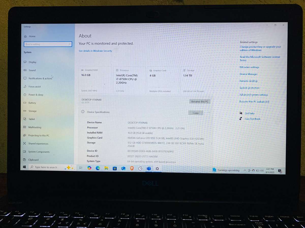 DELL G3 3579 ** i7-8750H @2.2ghz, GEFORCE GTX 1050Ti, 16GB RAM 256GB NVME +1TB HDD, Mint Condition