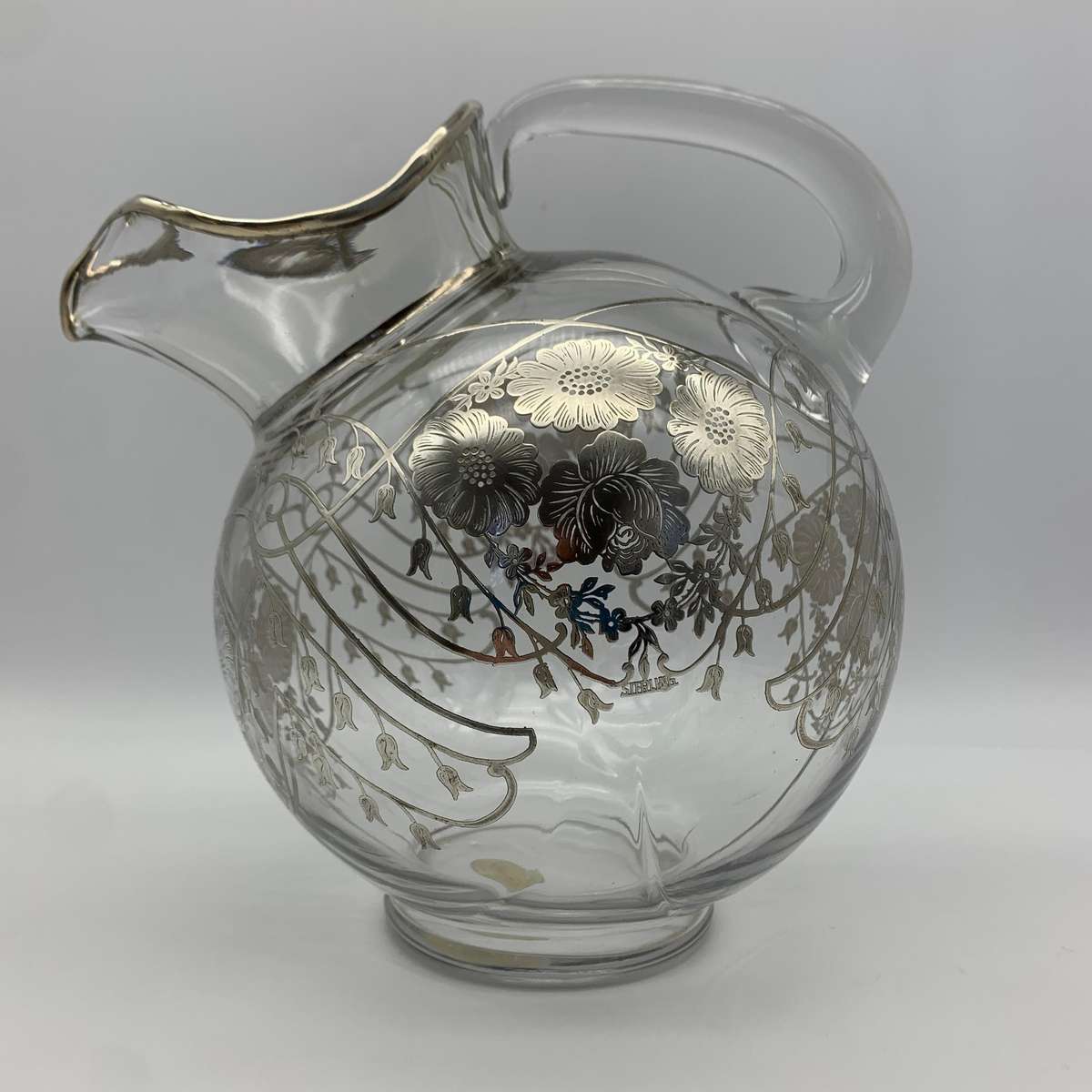 Large Glass Sterling Silver Overlay Water Jug (1940's)