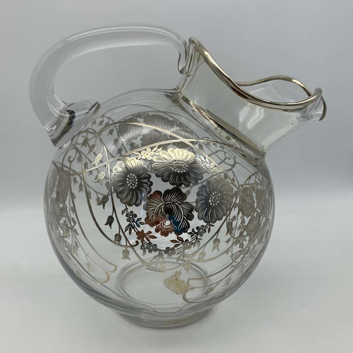 Large Glass Sterling Silver Overlay Water Jug (1940's)