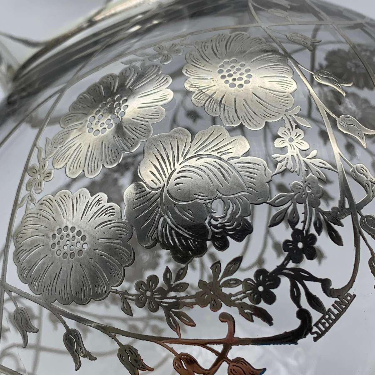 Large Glass Sterling Silver Overlay Water Jug (1940's)