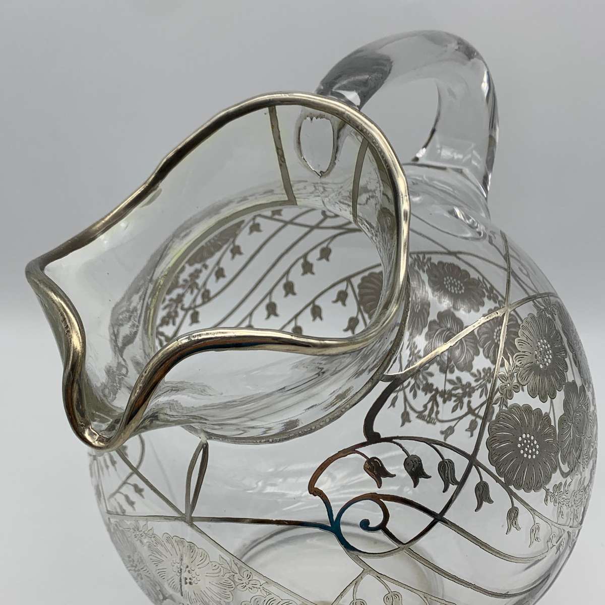 Large Glass Sterling Silver Overlay Water Jug (1940's)