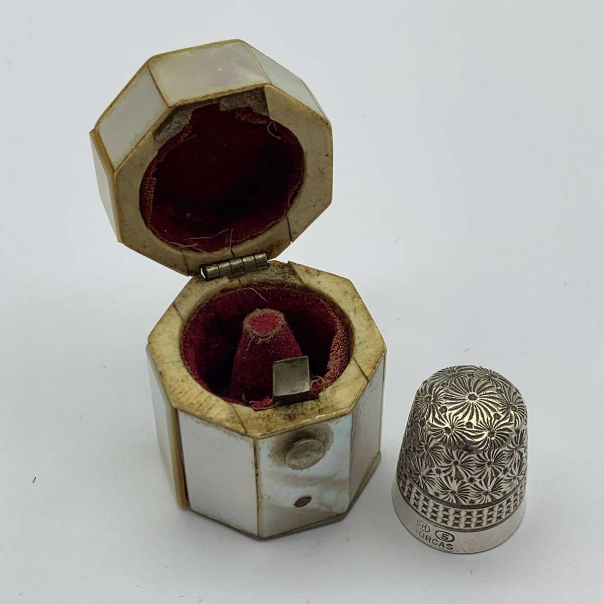 Antique M.O.P. Thimble Case & Thimble