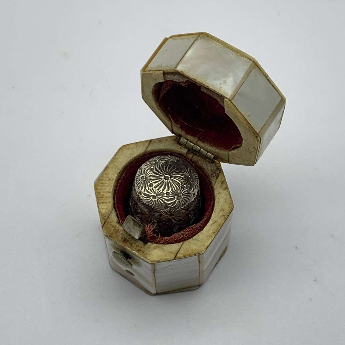 Antique M.O.P. Thimble Case & Thimble