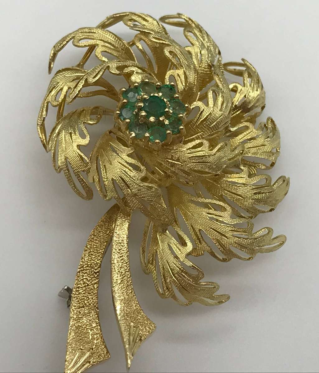 Vintage 18ct Solid Gold Emerald Brooch (10,6g)