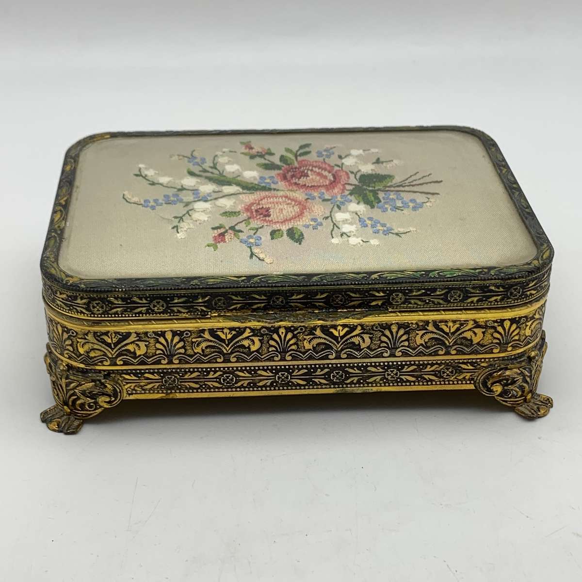 Vintage Brass & Petit Point Jewellery Box