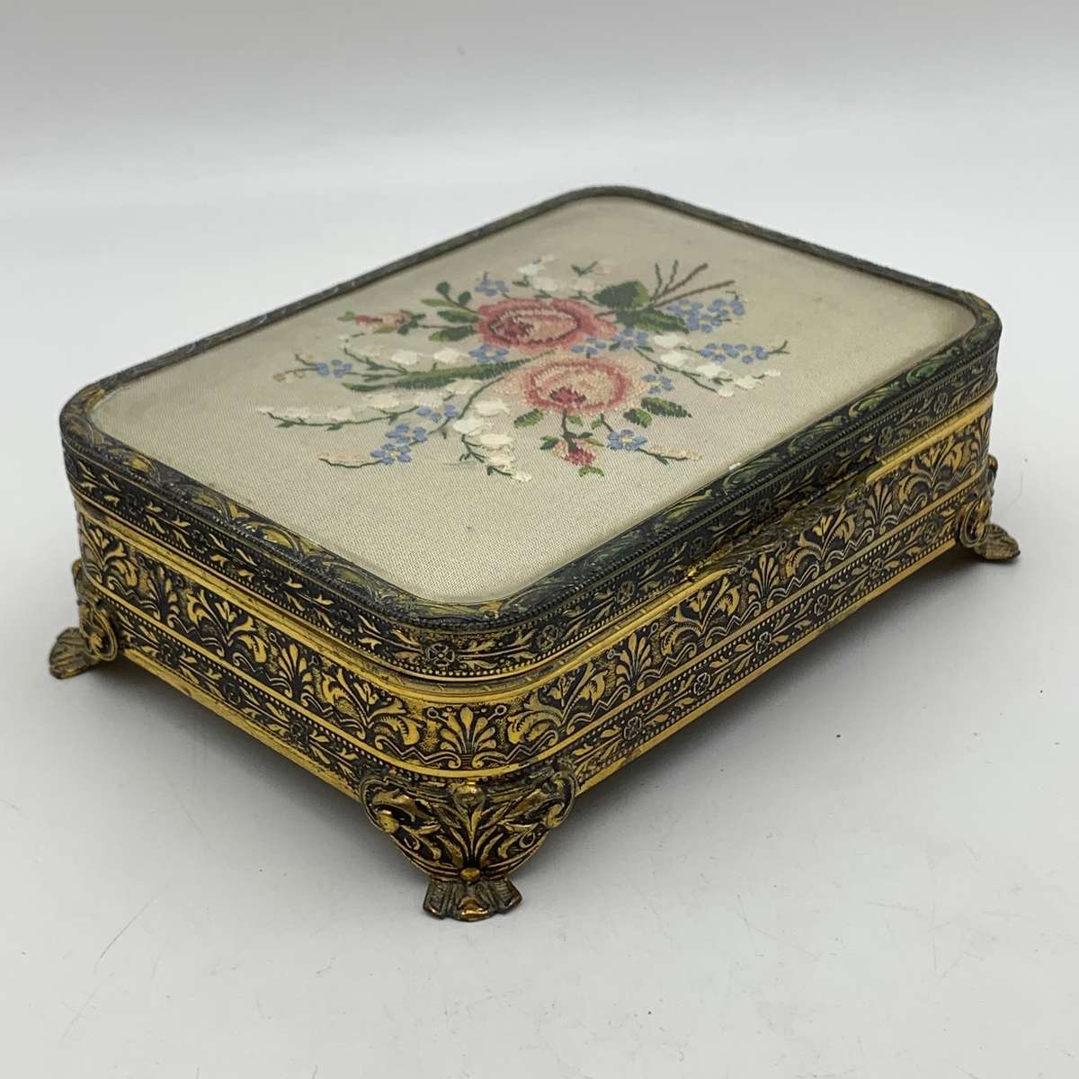 Vintage Brass & Petit Point Jewellery Box