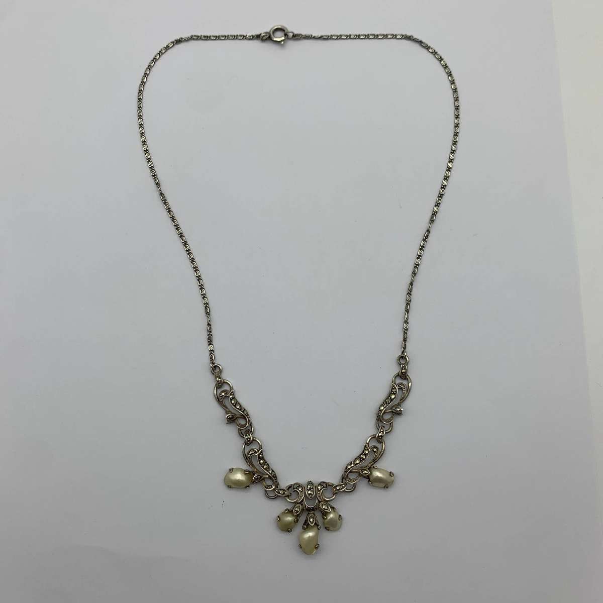 Vintage Silver, Marcasite & Pearl Necklace