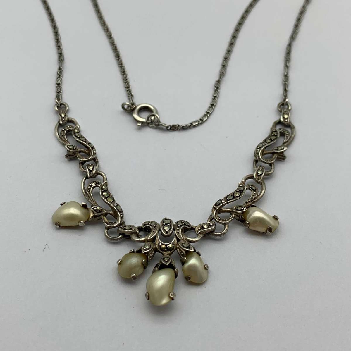 Vintage Silver, Marcasite & Pearl Necklace
