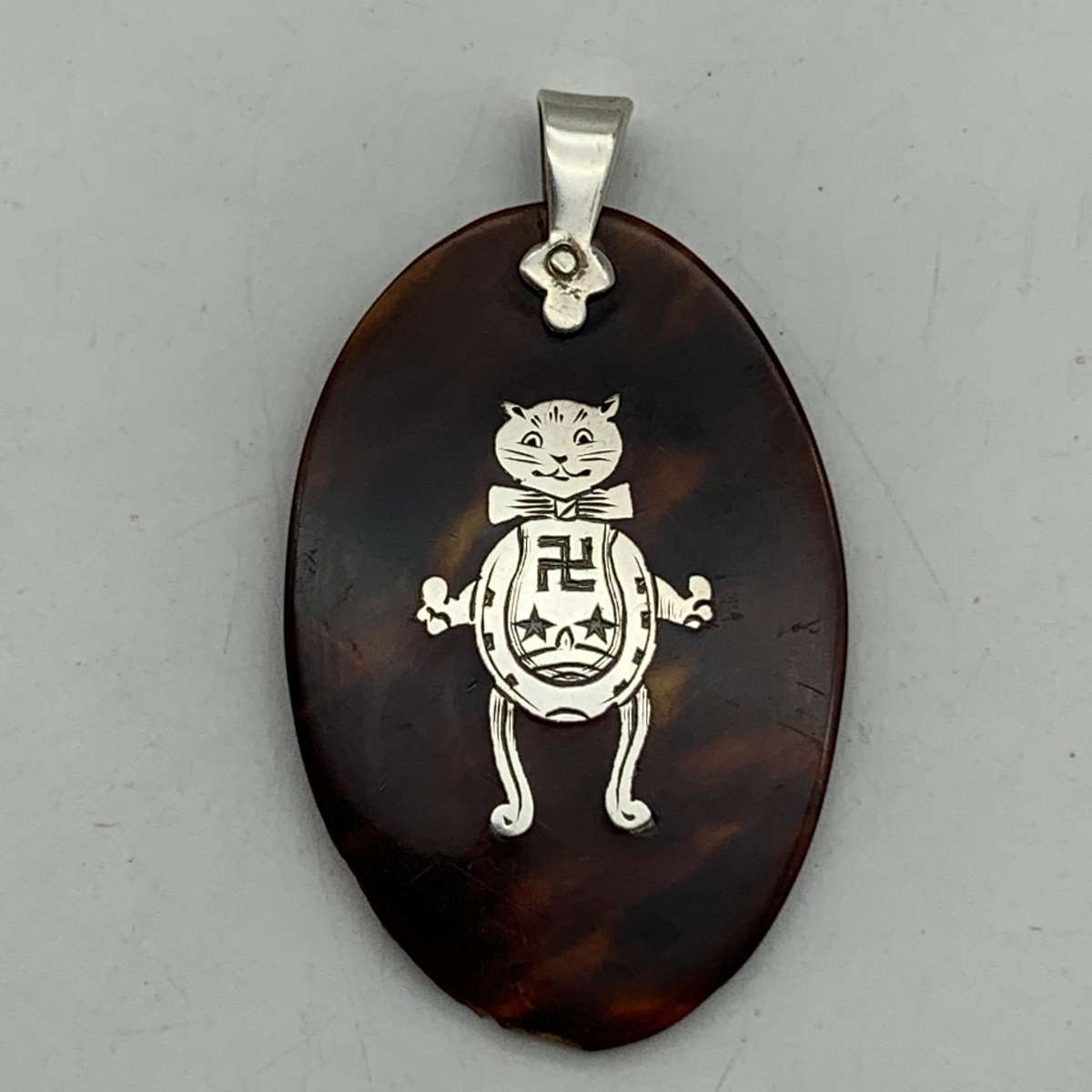 Antique Silver Inlaid Tortoise Shell Cat Good Luck Pendant (Pre 1920's)