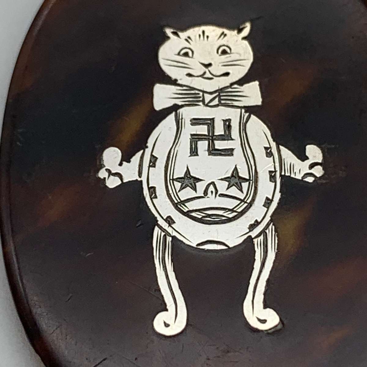 Antique Silver Inlaid Tortoise Shell Cat Good Luck Pendant (Pre 1920's)