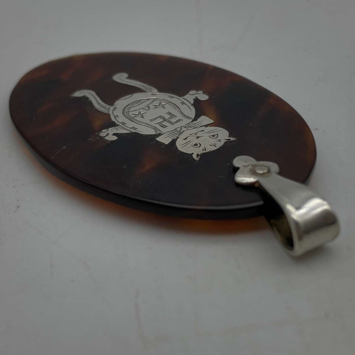 Antique Silver Inlaid Tortoise Shell Cat Good Luck Pendant (Pre 1920's)