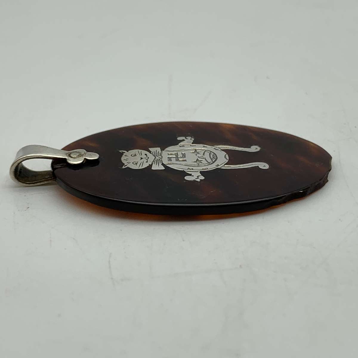 Antique Silver Inlaid Tortoise Shell Cat Good Luck Pendant (Pre 1920's)