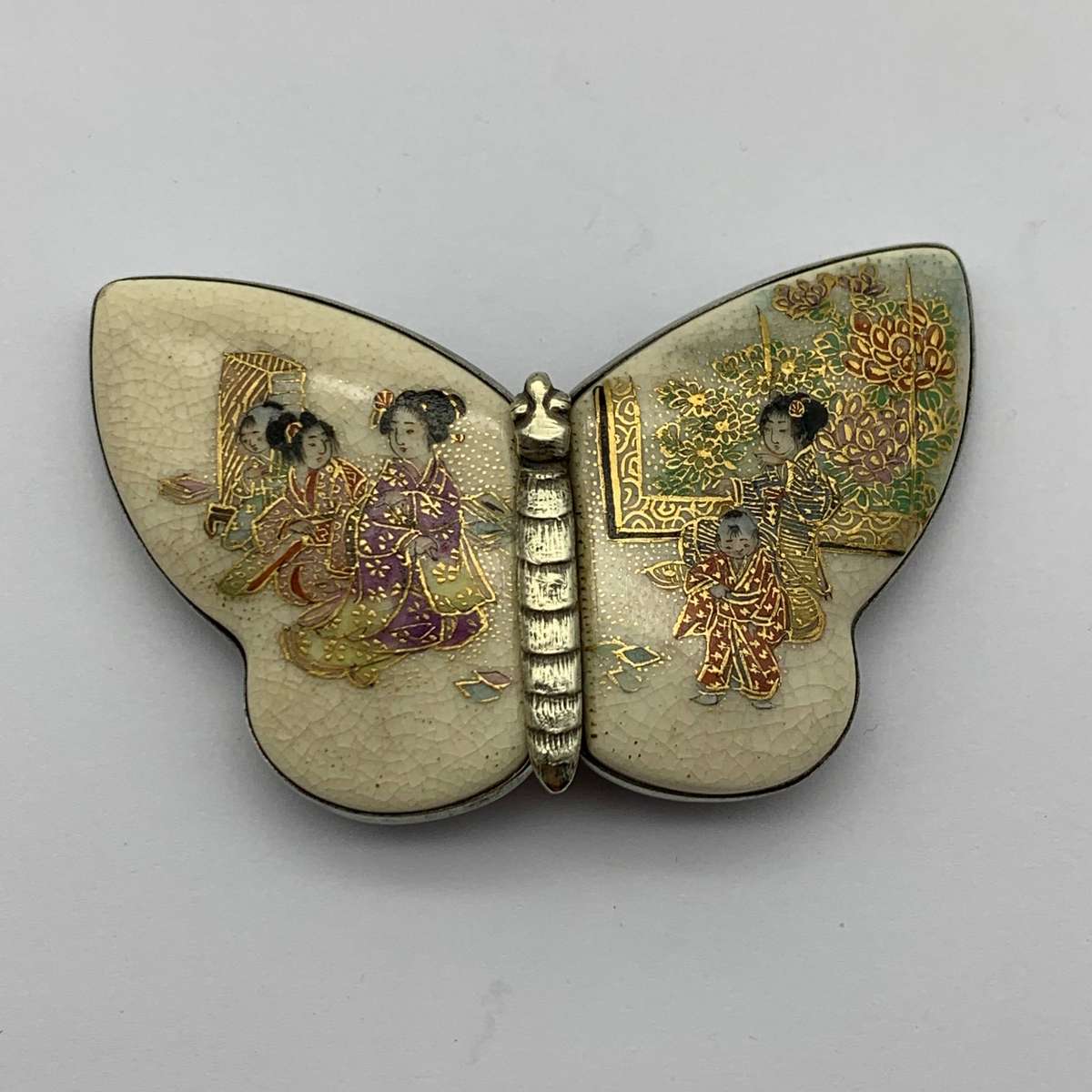 Antique 'Japanese Silver & Satsuma' Butterfly Belt Buckle (Signed)