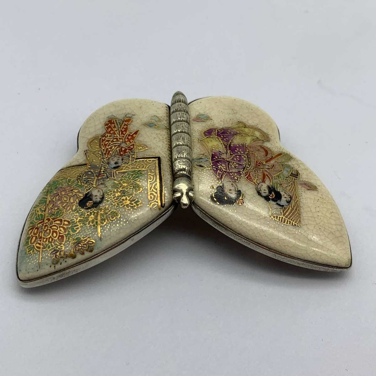 Antique 'Japanese Silver & Satsuma' Butterfly Belt Buckle (Signed)