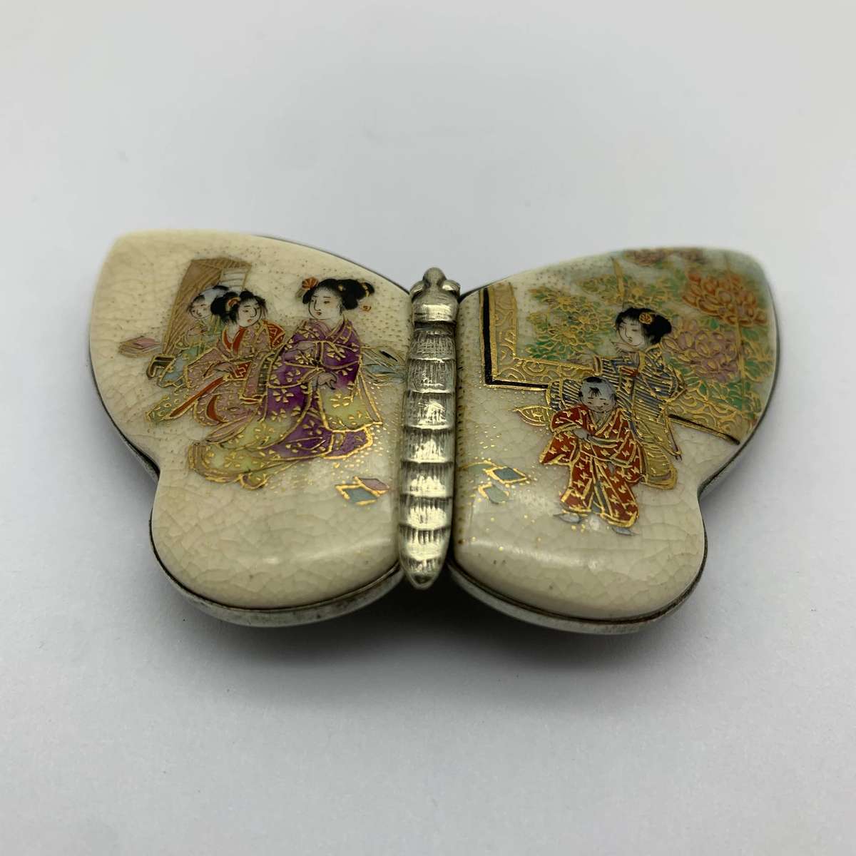 Antique 'Japanese Silver & Satsuma' Butterfly Belt Buckle (Signed)