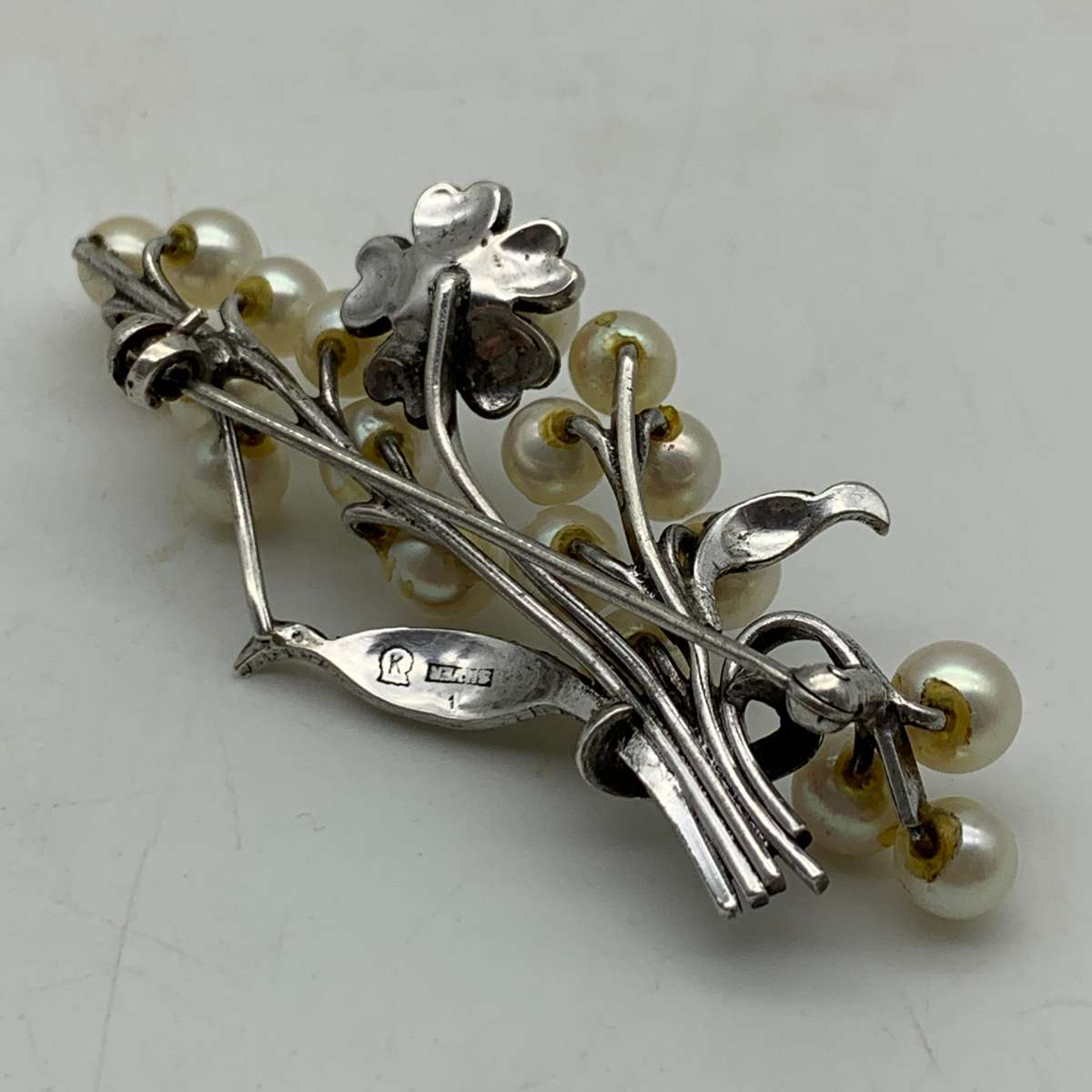 Early Solid Silver & Pearl Brooch