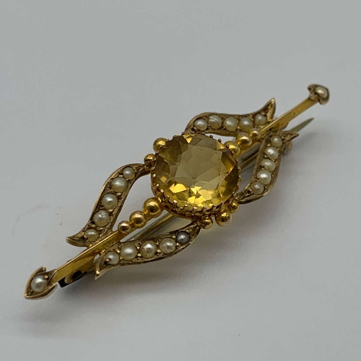 Antique Gold, Citrine & Seed Pearl Brooch
