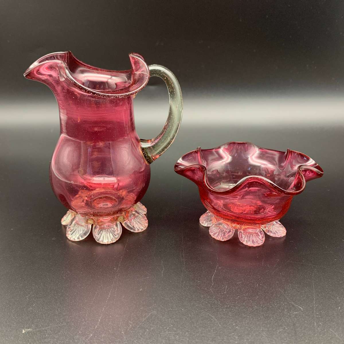 Antique 'Cranberry Glass' Cream Jug & Sugar Bowl
