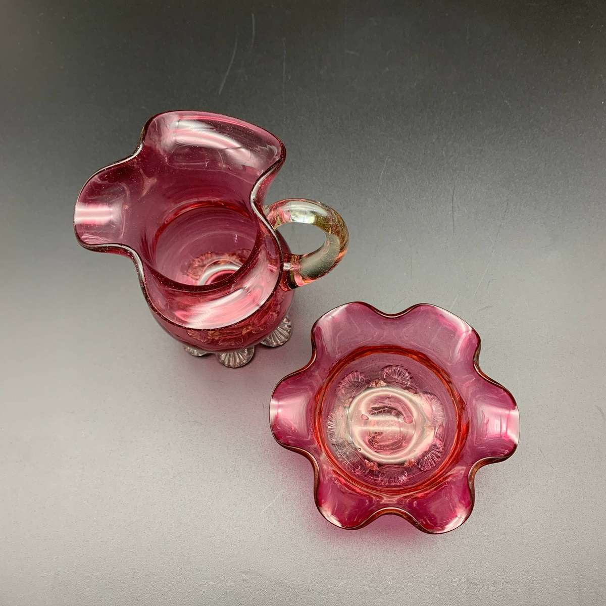 Antique 'Cranberry Glass' Cream Jug & Sugar Bowl