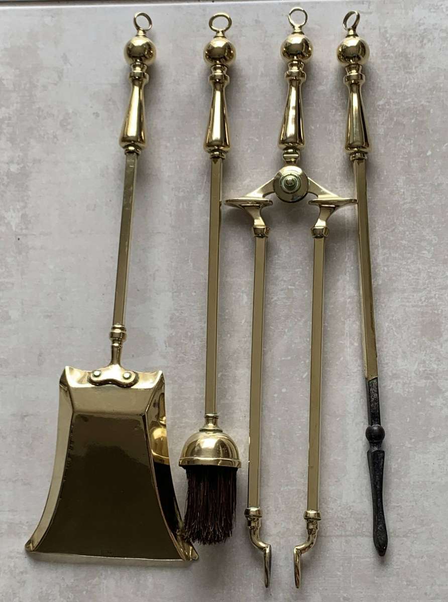 Lovely Quality Antique Brass Fireplace Set & Stand