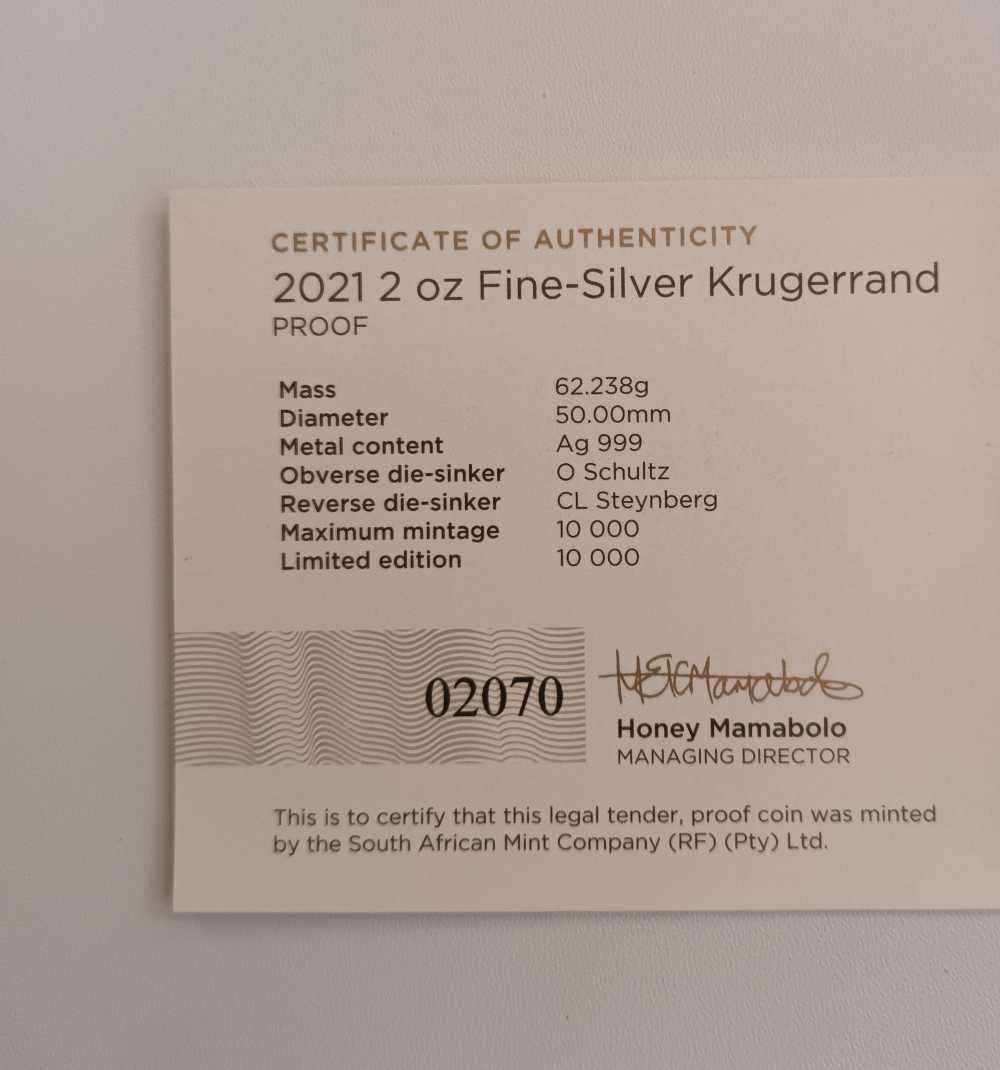 2021 2OZ PROOF SILVER KRUGERRAND [COA] [ BOX]